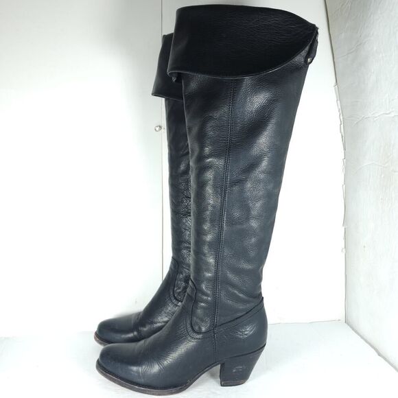 Frye Women's Jane US6,5B Black Leather Fold Over Pull On Knee High Riding Boots - Picture 2 of 16